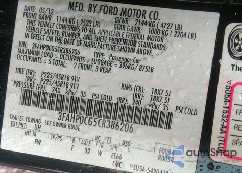 2012 Ford Fusion Sel z USA, uszkodzony, nr VIN 3FAHP0CG5CR386206